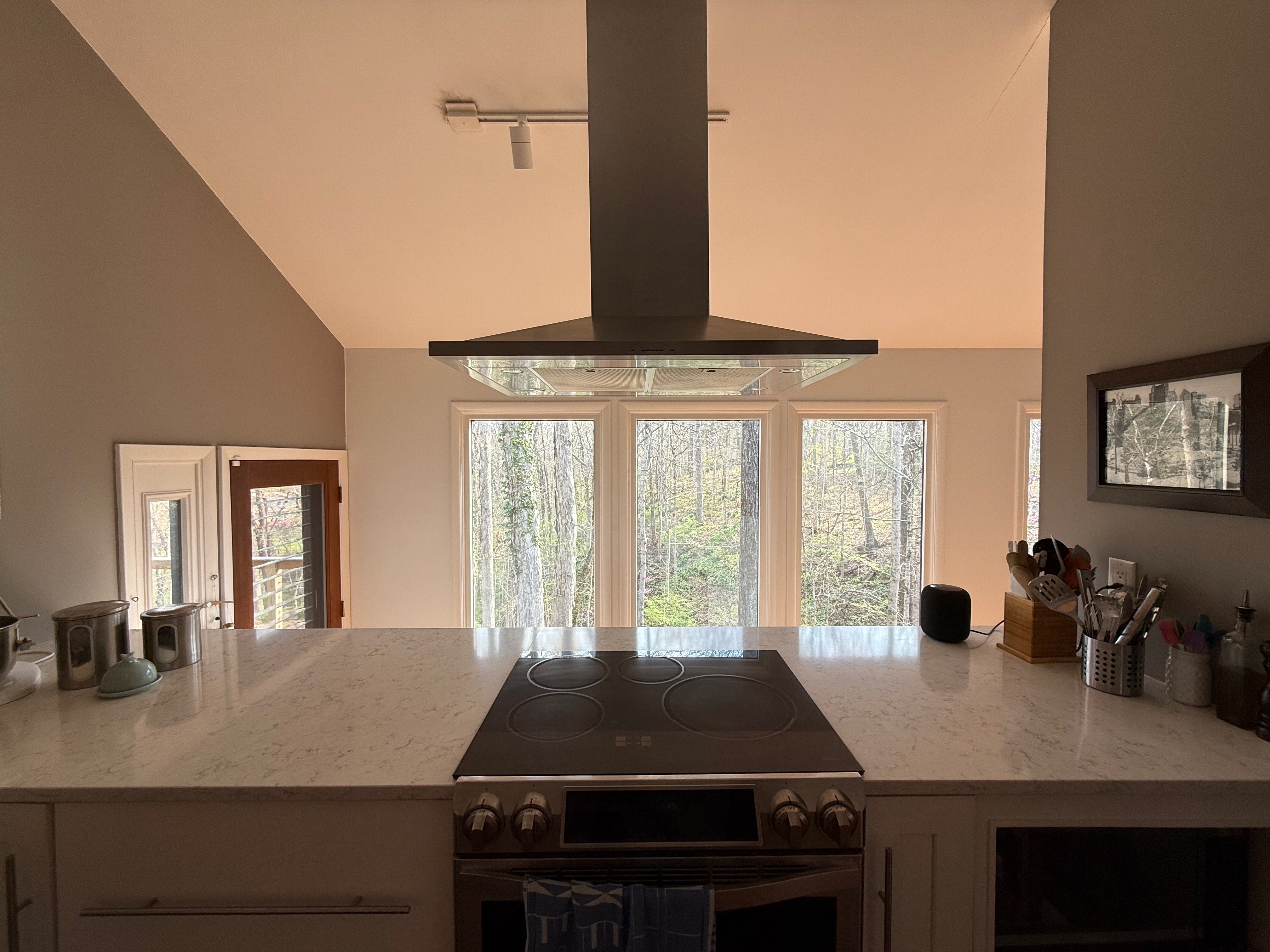 Kitchen island with range and forest window view